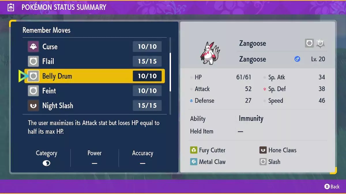Zangoose about to remember the move Belly Drum.