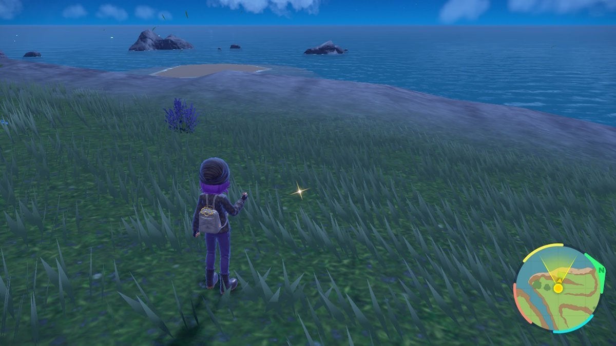 A player finding a hidden item, which looks like a small yellow sparkle on the ground.