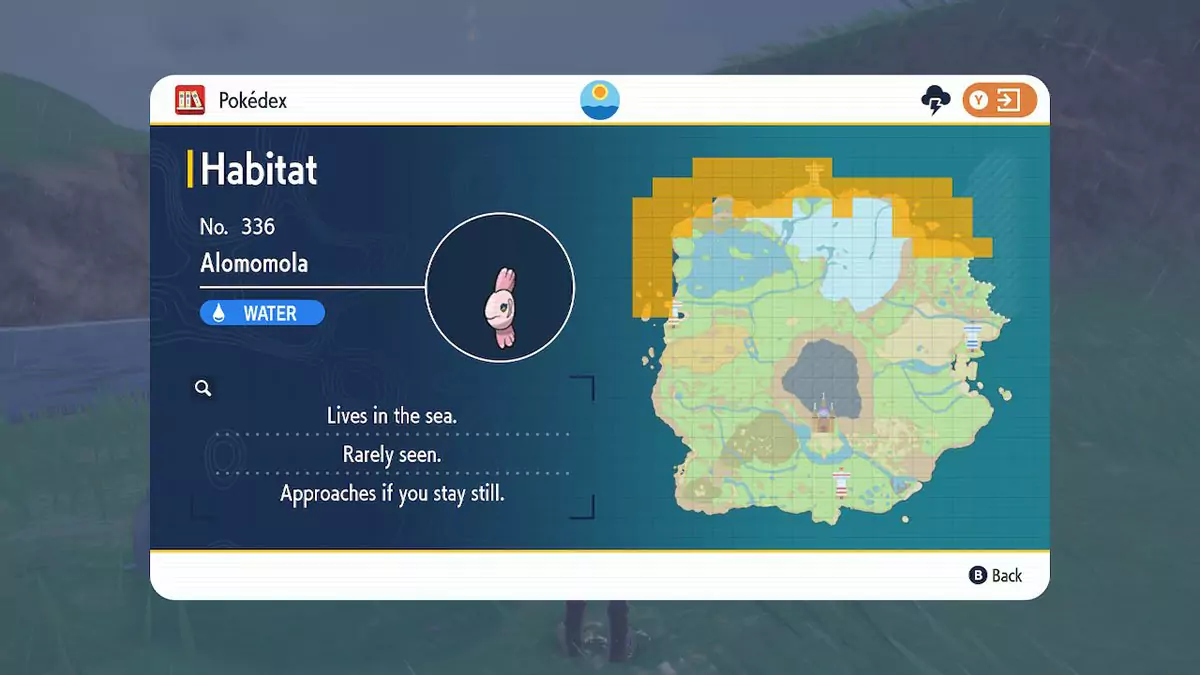 Yellow highlighted area showing where Alomomola spawns on the Paldea map.