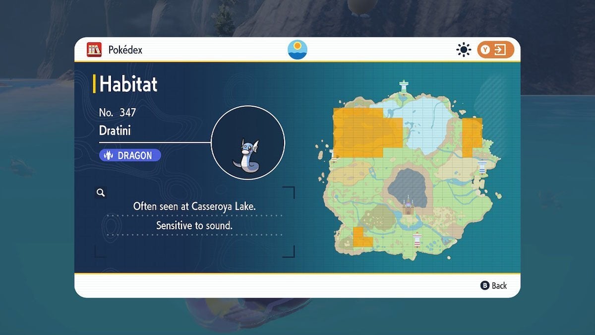Yellow highlighted area showing where Dratini spawns on the Paldea map.