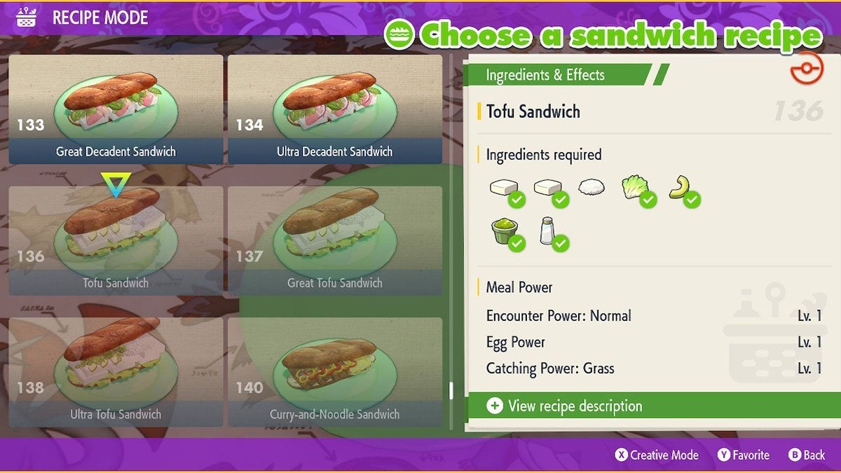 A player looking at how to make a Tofu Sandwich while having a picnic.