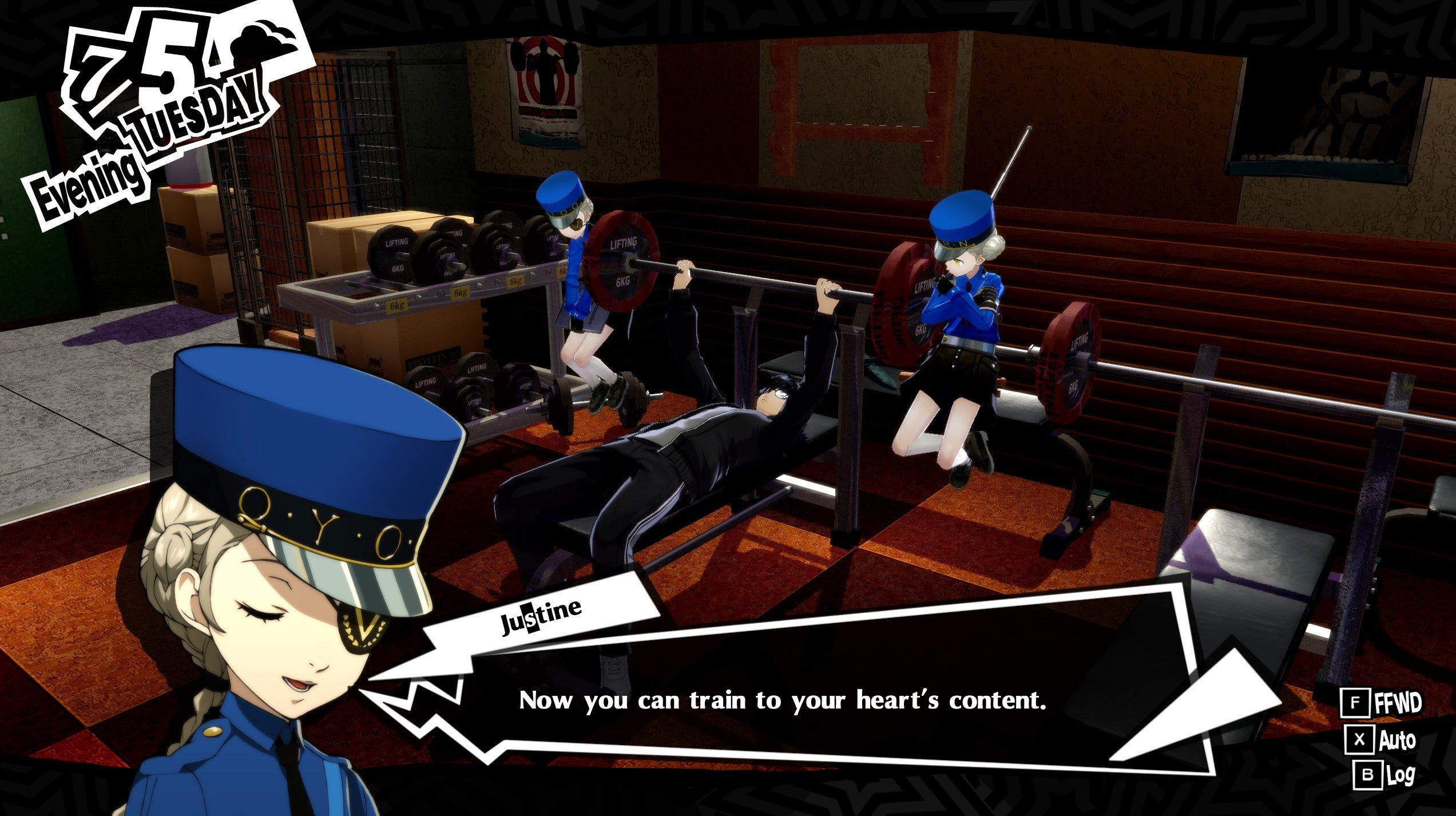 Hanging out with Justine and Caroline at the gym in Persona 5 Royal.