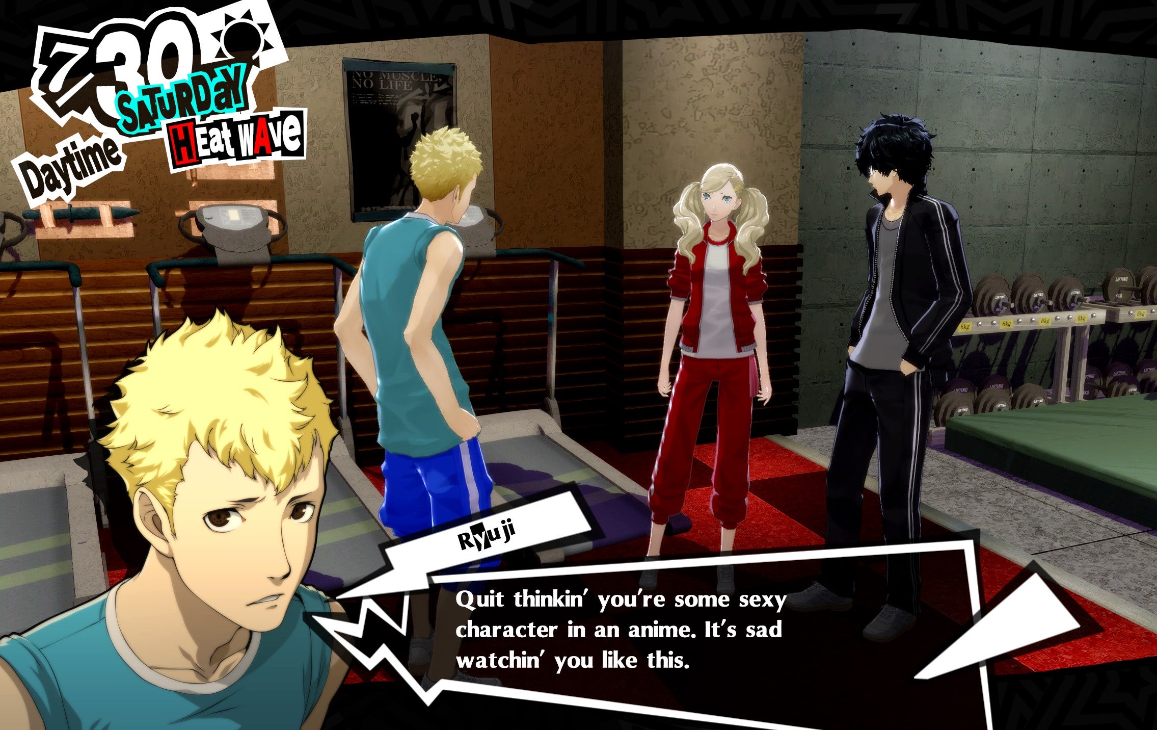 A screenshot of the protagonist, Ryuji, and Ann at the gym in Persona 5 Royal. The weather is listed as Heat Wave in the top left corner.