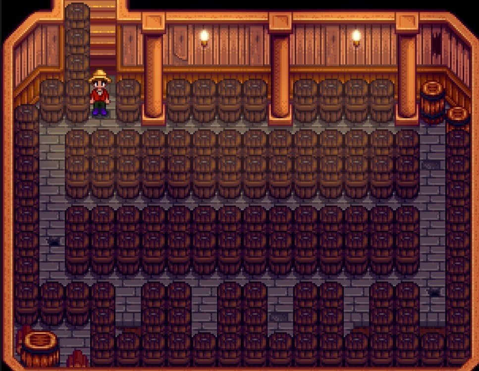 A player's basement in Stardew Valley featuring 121 casks.