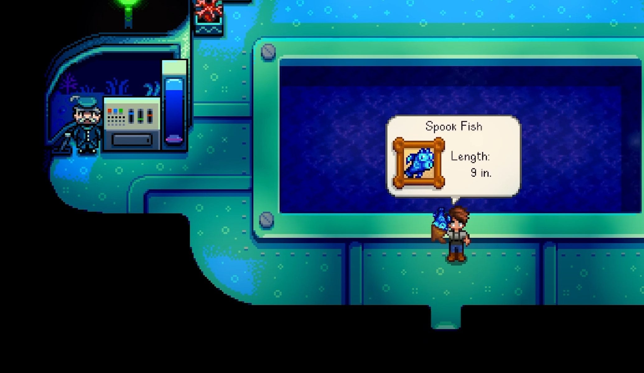 Catching fish on the submarine in Stardew Valley.