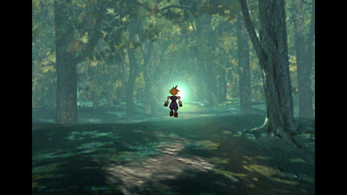 Cloud entering the Sleeping Forest in Final Fantasy VII.