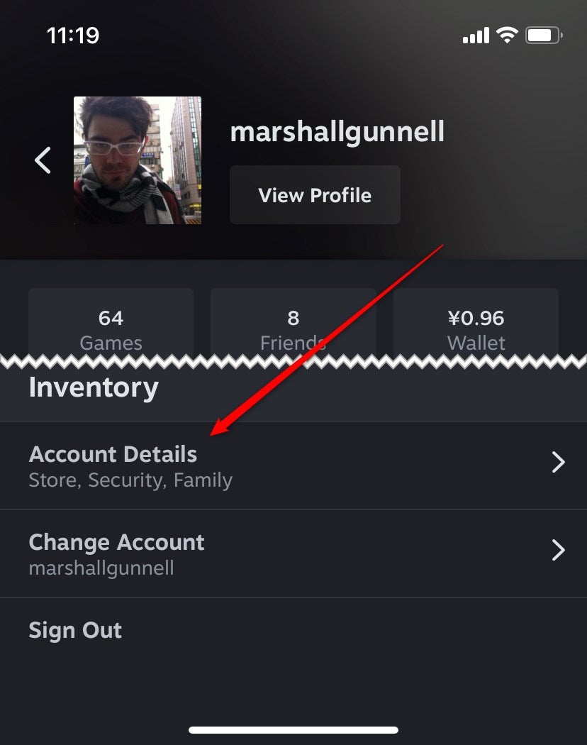 The Account Details option in the Steam app.