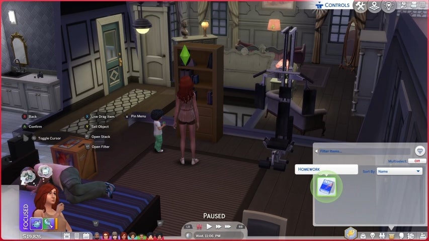 A teenage Sim's inventory screen showing their homework book in The Sims 4.