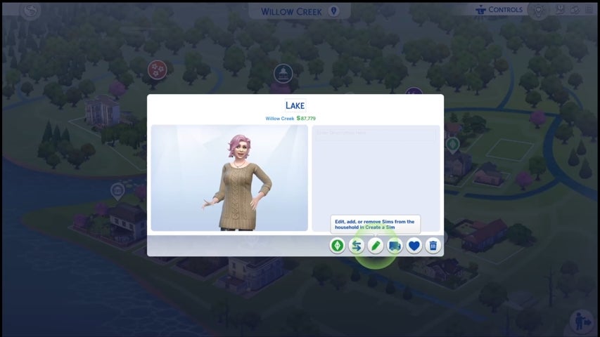 The Manage Household screen in The Sims 4, showing options for editing Sims in Create-A-Sim.