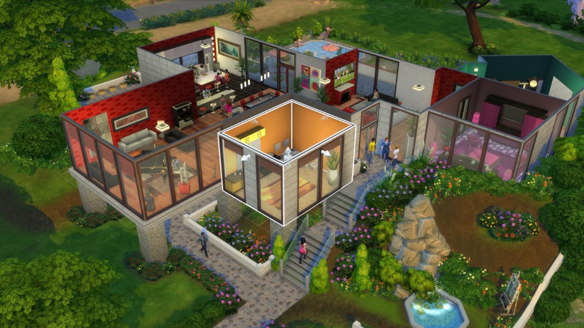 A highly detailed home lot in The Sims 4 with characters walking around it.