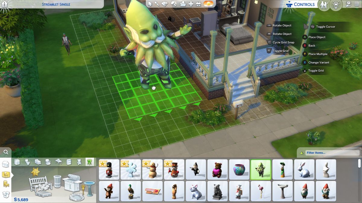 An enlarged garden gnome outside a house in The Sims 4.