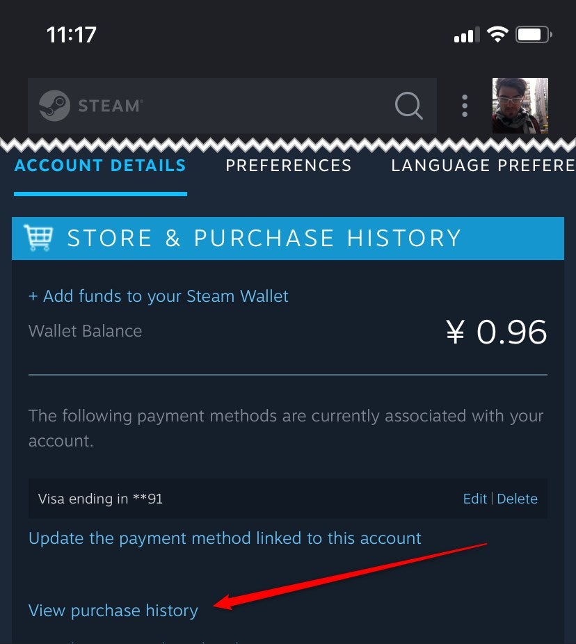 The View Purchase History option in the Steam app.