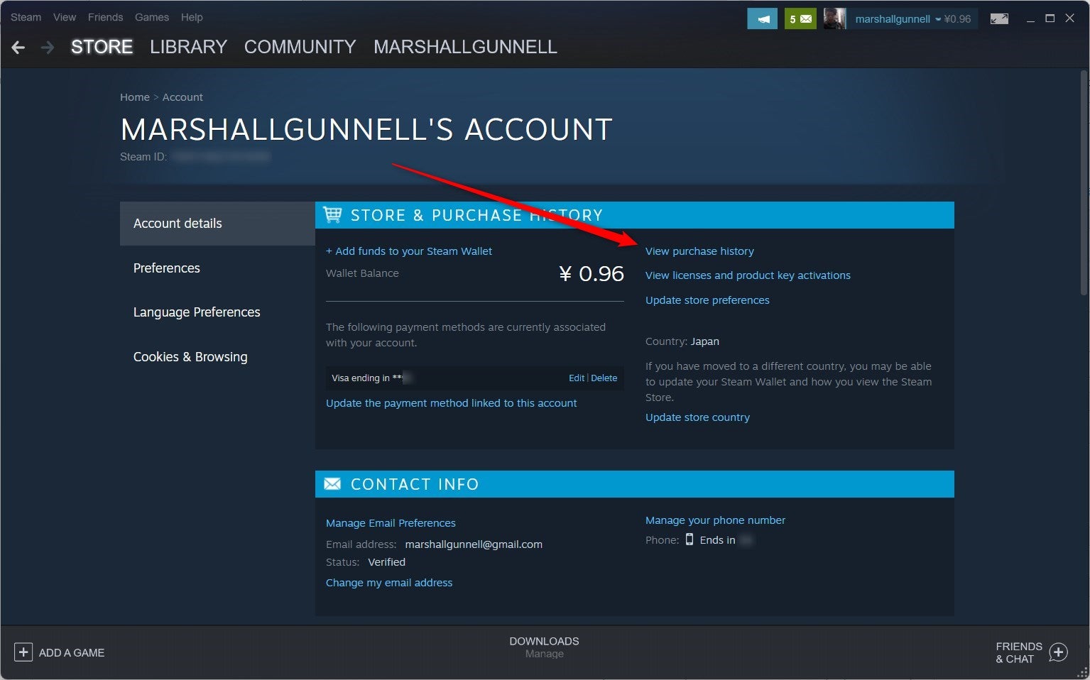 The View Purchase History option in the Steam client.