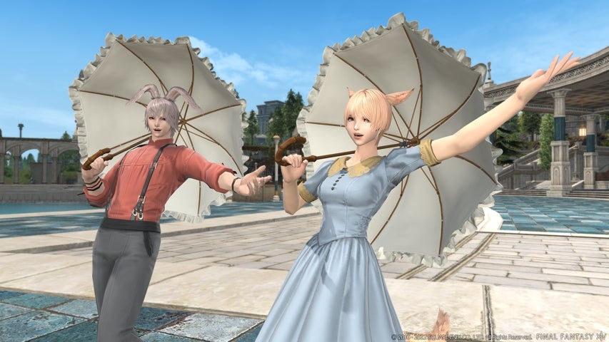 Two characters enjoying a walk with parasols in Final Fantasy XIV.