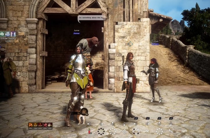 Characters standing in front of a blacksmith in Black Desert Online.
