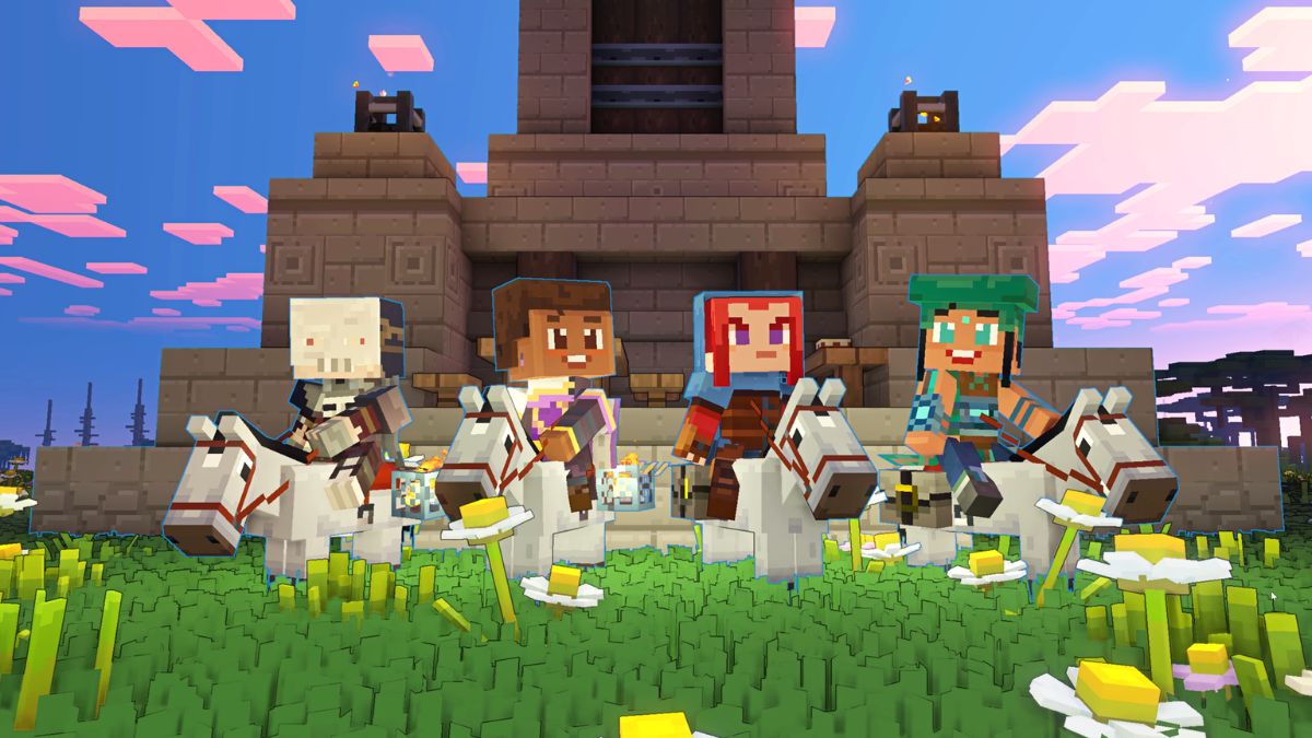 Characters together in Minecraft Legends on horseback.
