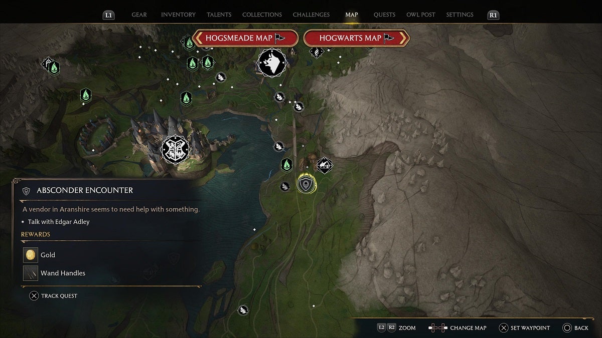 The location of the Absconder Encounter side quest shown on the map.