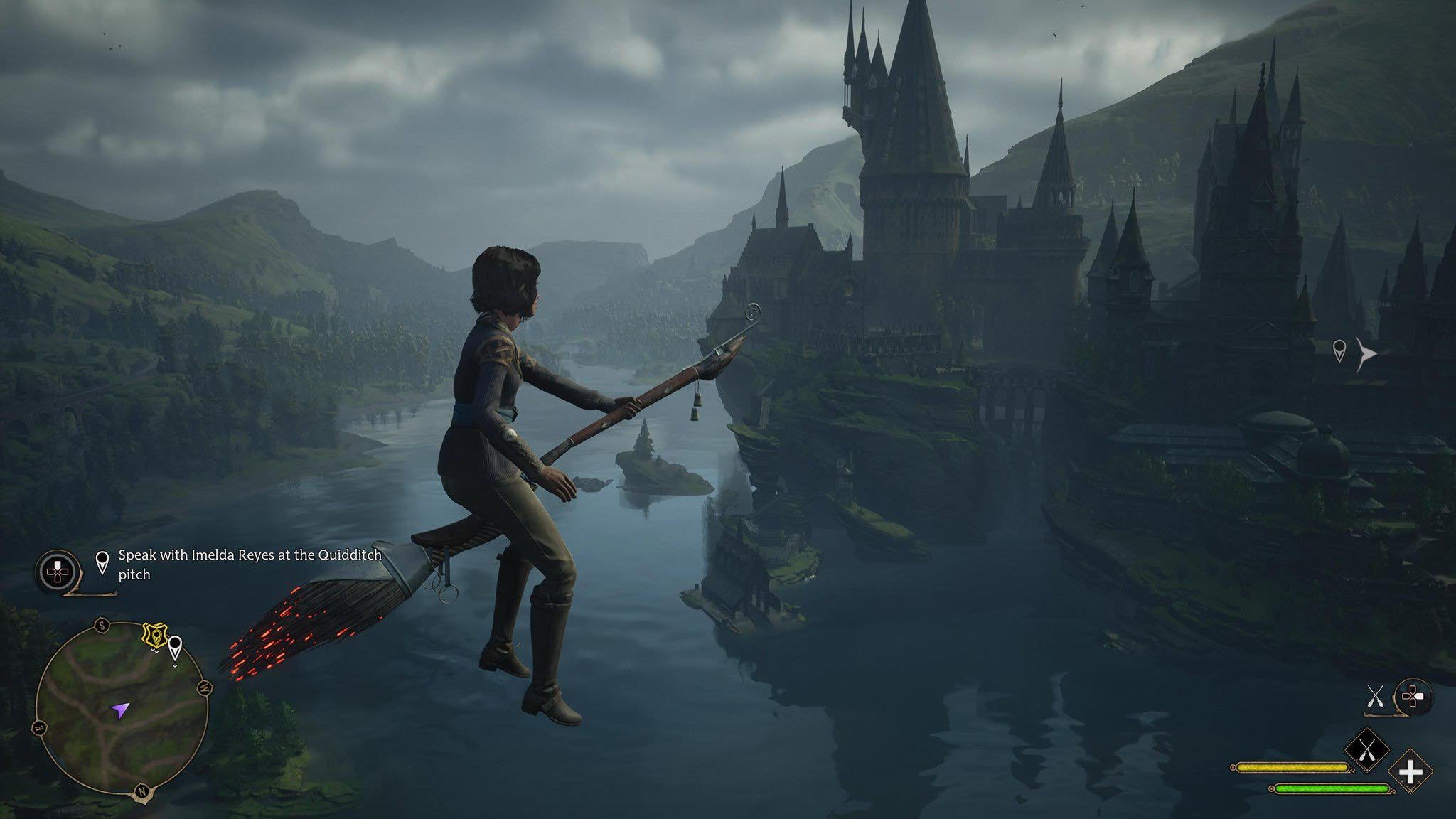 Character floating above Hogwarts on a broomstick.