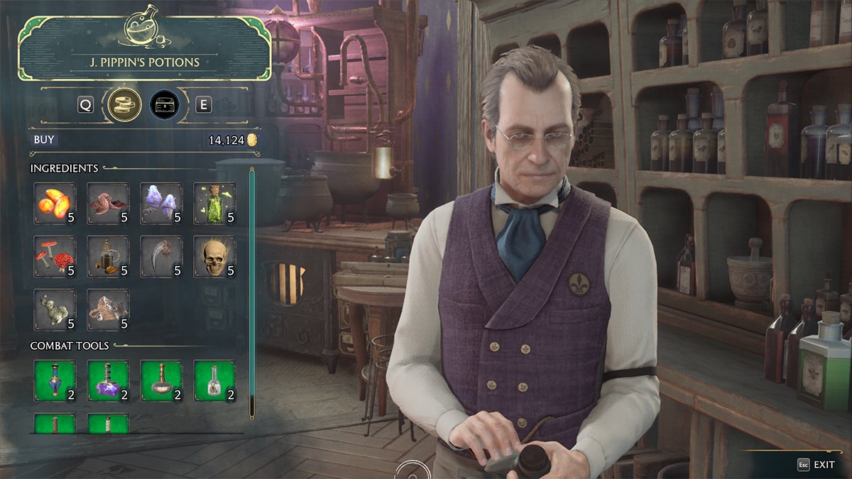 A player buying potion ingredients from J. Pippin's Potions in Hogwarts Legacy.