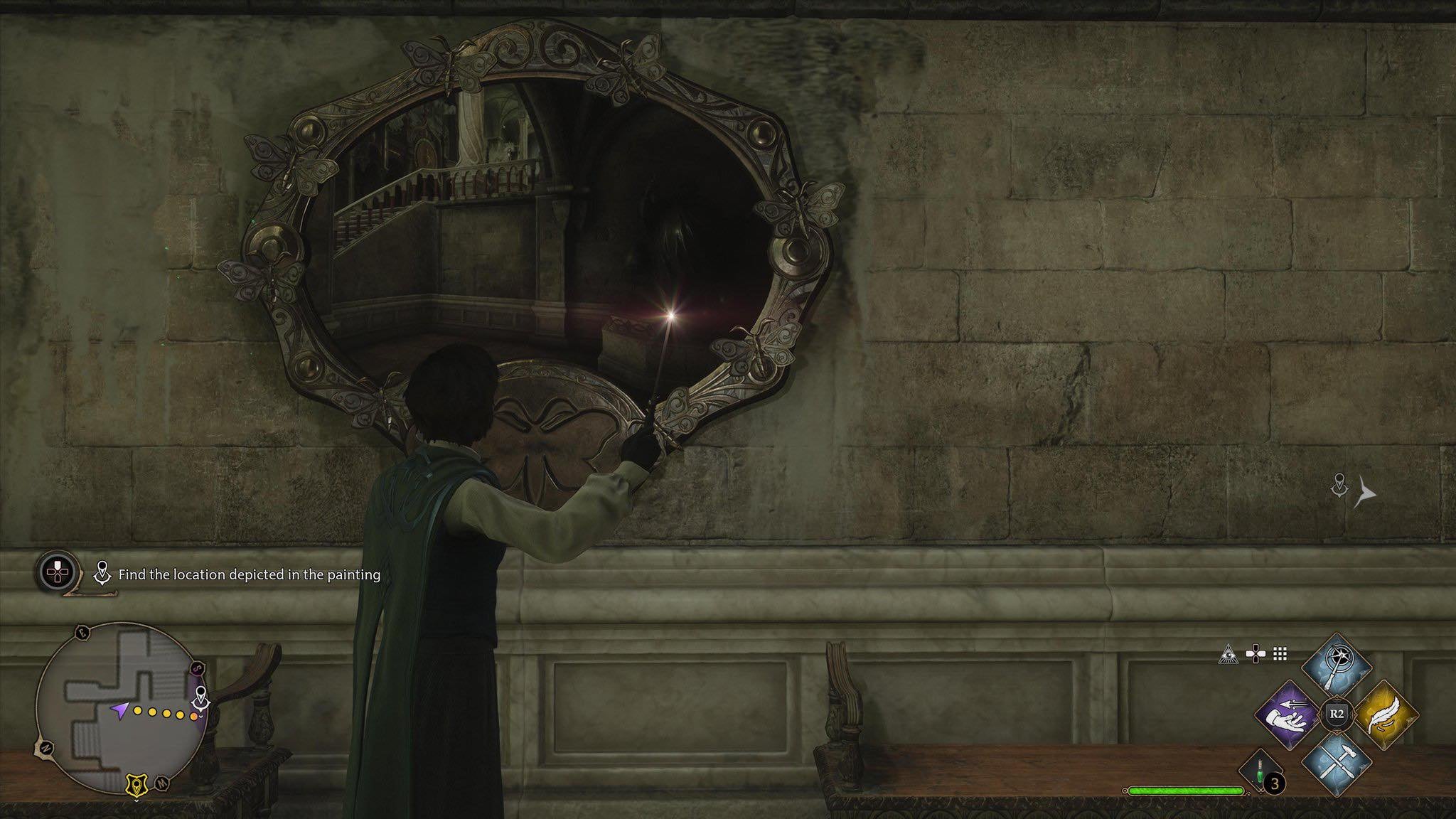 Character casting Lumos in front of the Moth Mirror.