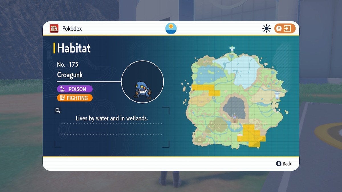 Yellow areas highlighting where Croagunk can spawn on the Paldea map.