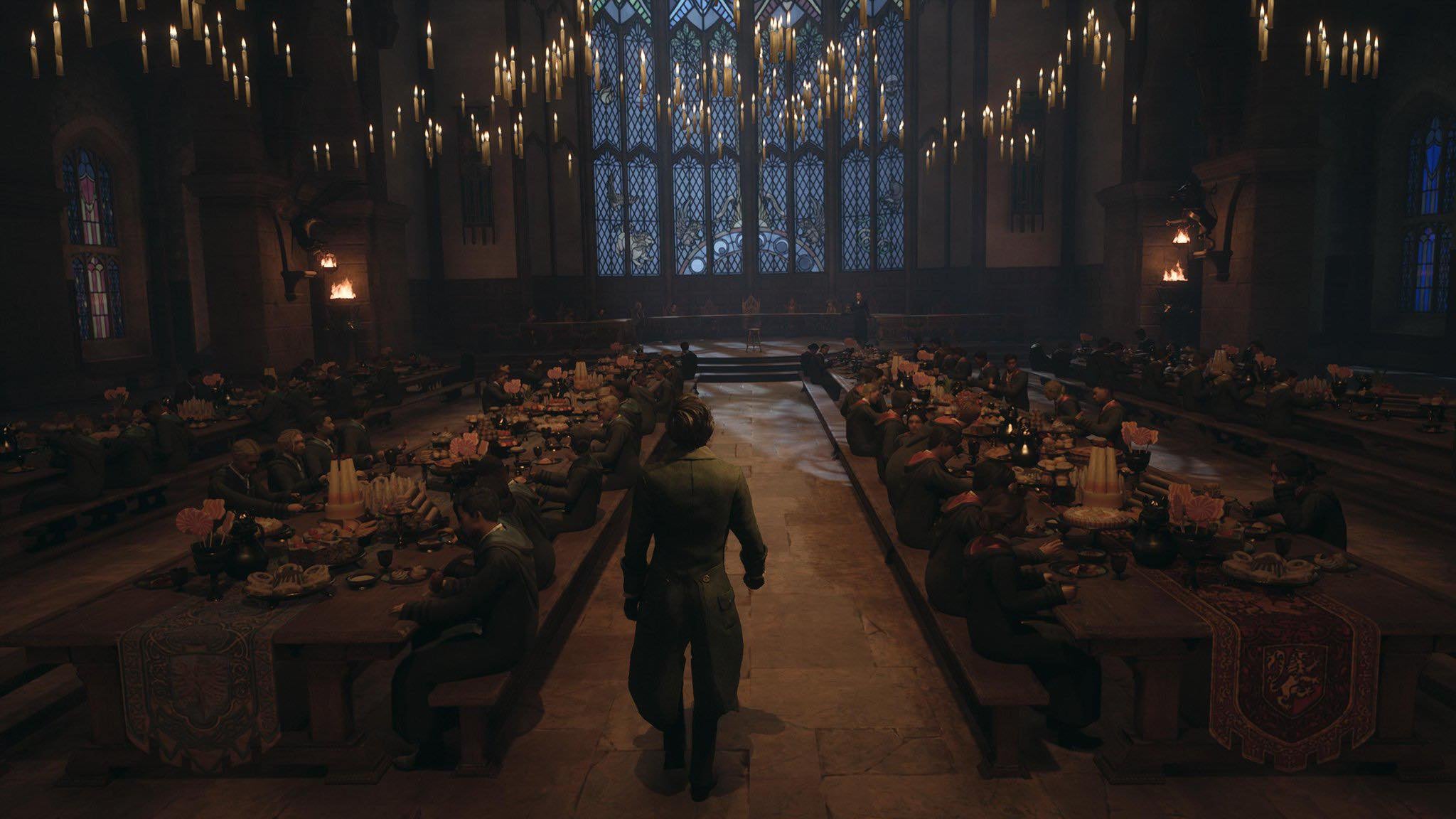 Main dining hall in Hogwarts Legacy.