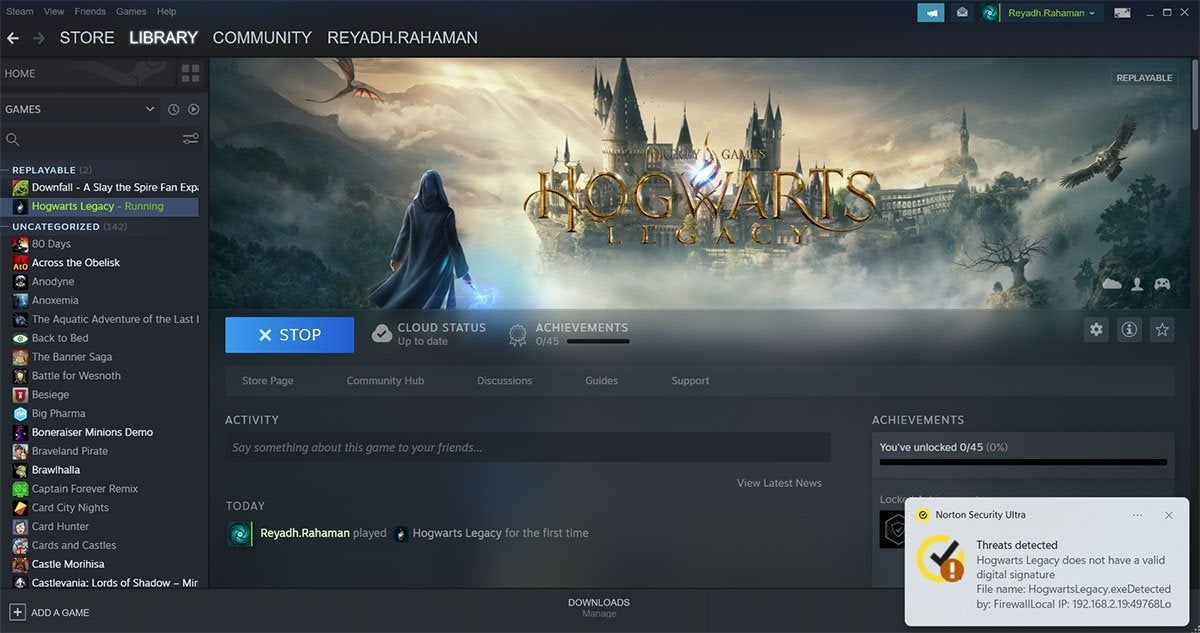 Steam showing that Hogwarts Legacy is running even though it is not. Norton Security is showing a warning in the bottom-right corner that says Hogwarts Legacy does not have a valid digital signature.