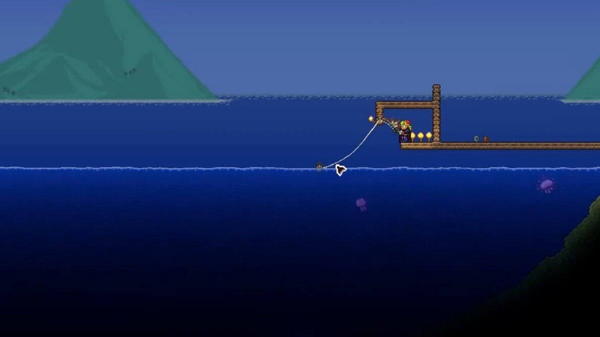 A player fishing for Jellyfish in Terraria.