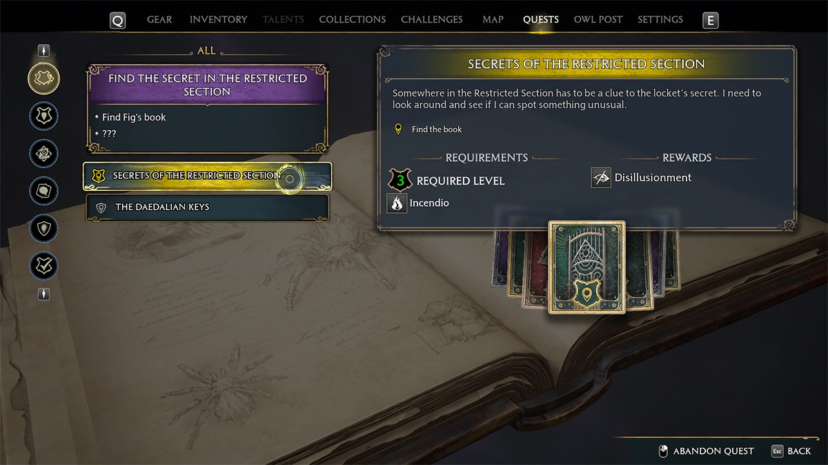 A player looking at the quest called "Secrets of the Restricted Section" in the quest menu.