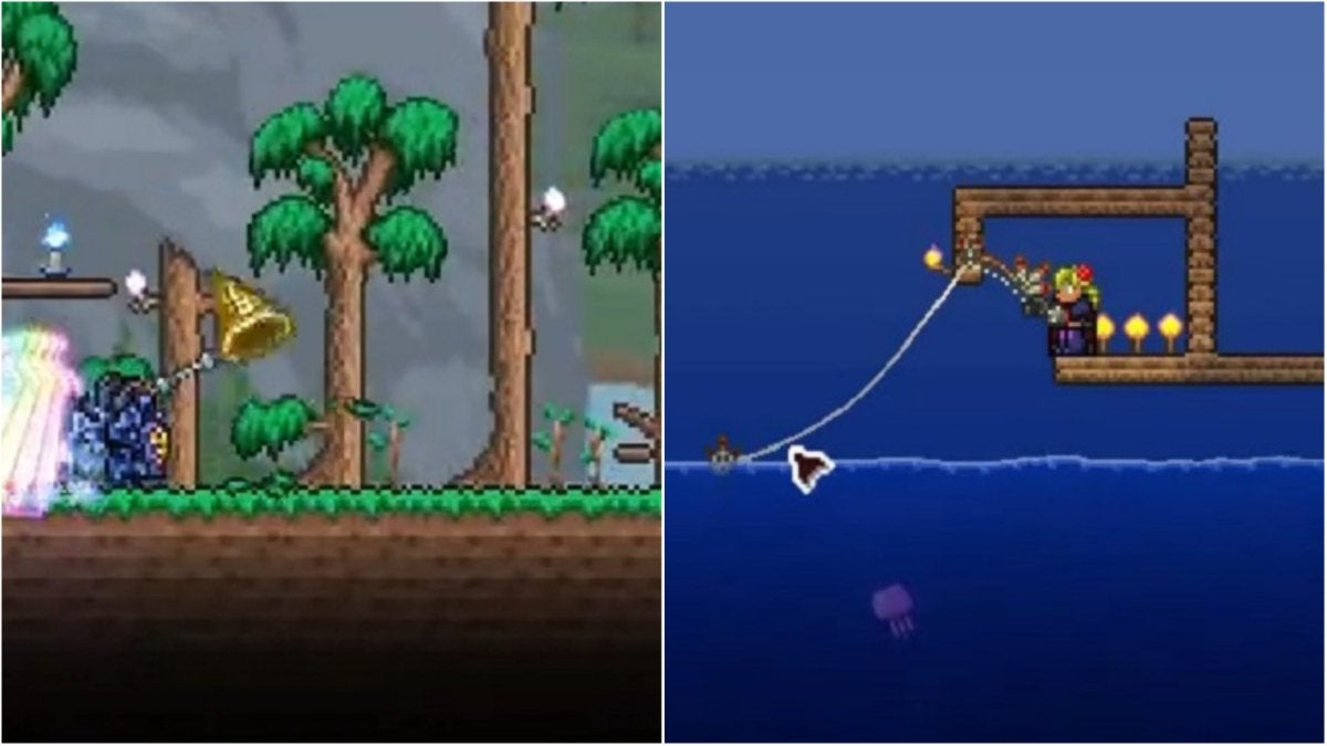 Catching critters for bait and fishing in Terraria.