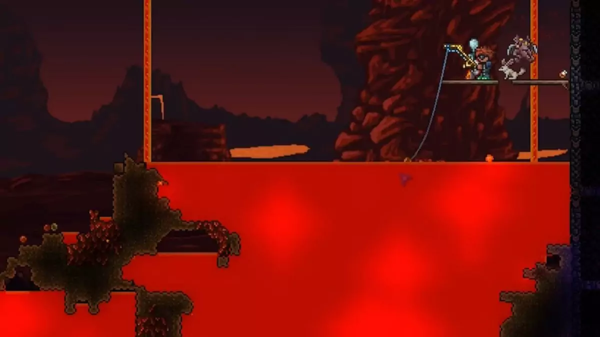 Fishing in lava in Terraria.