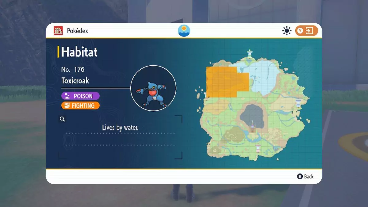 Yellow areas highlighting where Toxicroak can spawn on the Paldea map.