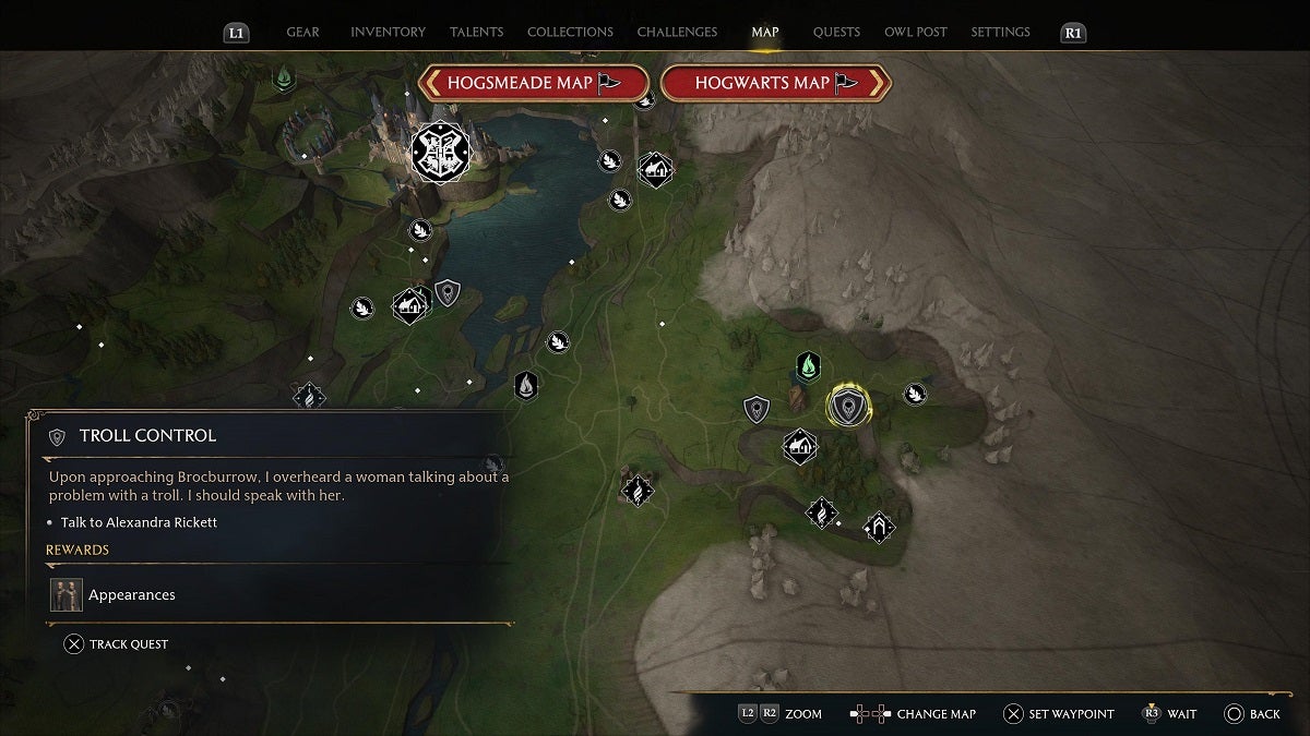 Troll Control side quest location shown on the map.