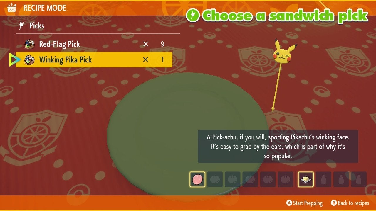 Menu showing which types of Sandwich Picks the player could choose for a Sandwich.
