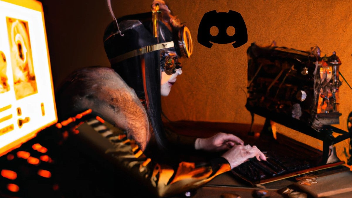 A gamer girl typing on a computer with a Discord logo in the background.