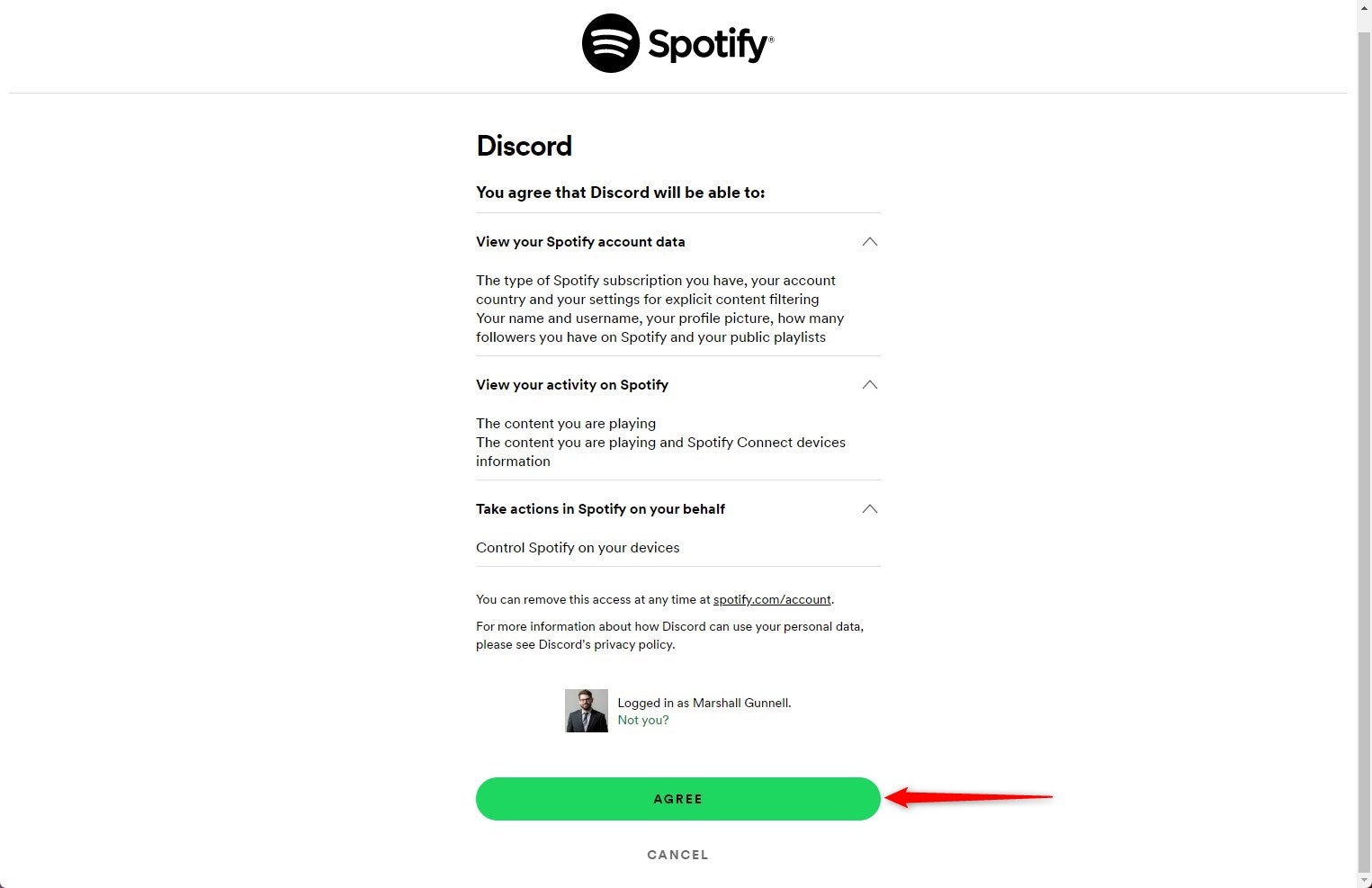 Agree to give Spotify the necessary permissions.