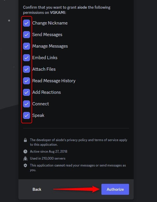 Authorize Aiode Discord permissions.