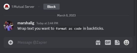 Code text sent in Discord.
