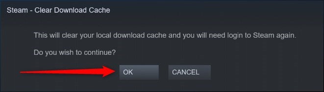 Confirmation screen to delete Steam cache.