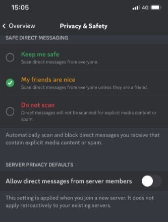 Disable DMS from non-friends on Discord for mobile.