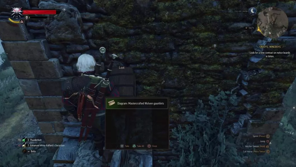 Looting the Mastercrafted Wolven Gauntlet from a chest.