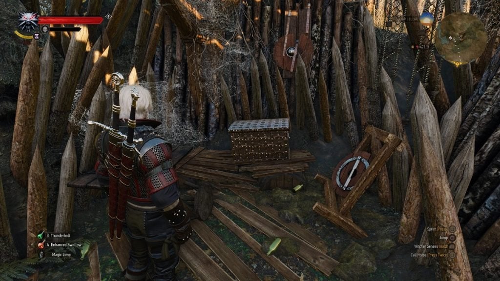 Geralt facing the chest that contains the Mastercrafted Wolven Silver Sword diagram.