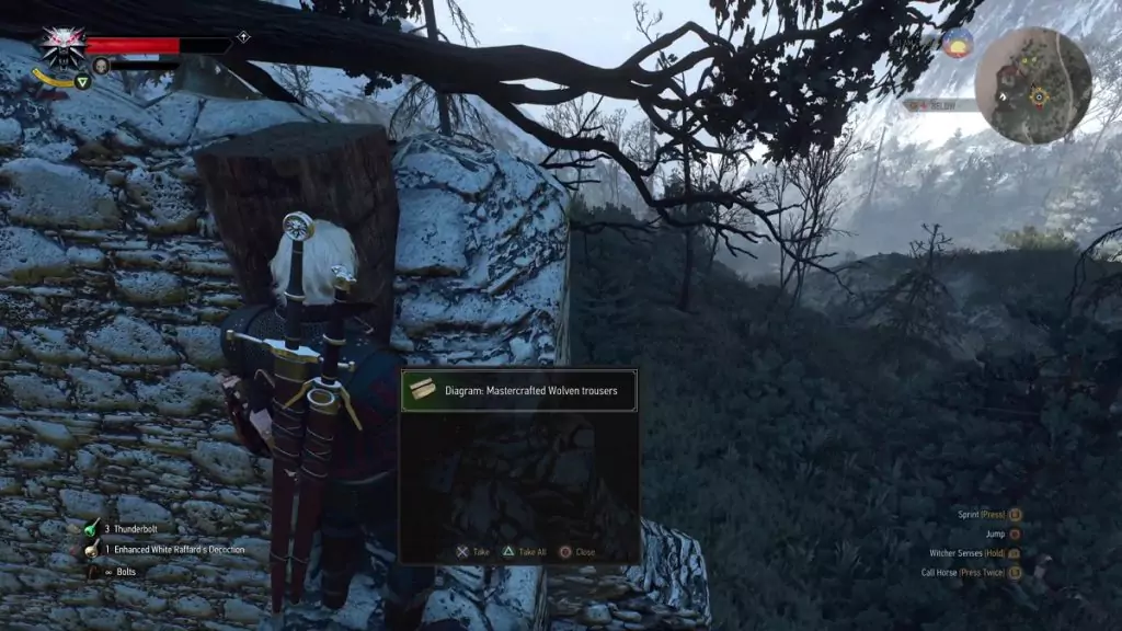 Looting the Mastercrafted Wolven Trousers from a chest.