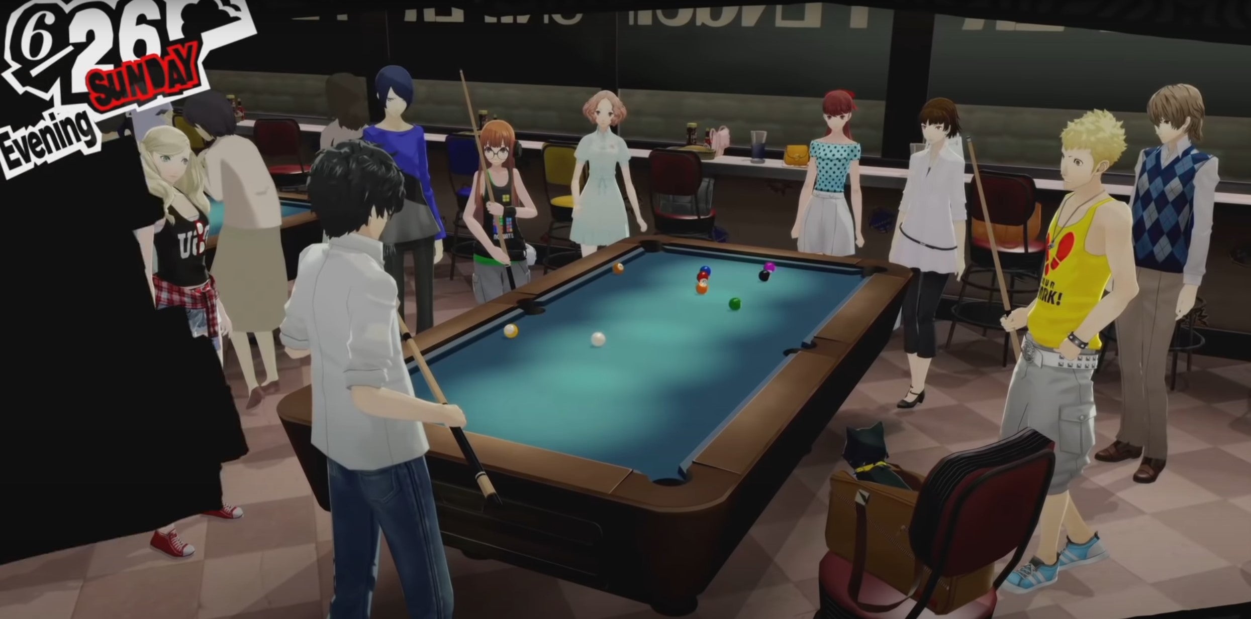 Playing billiards with friends in Persona 5 Royal.