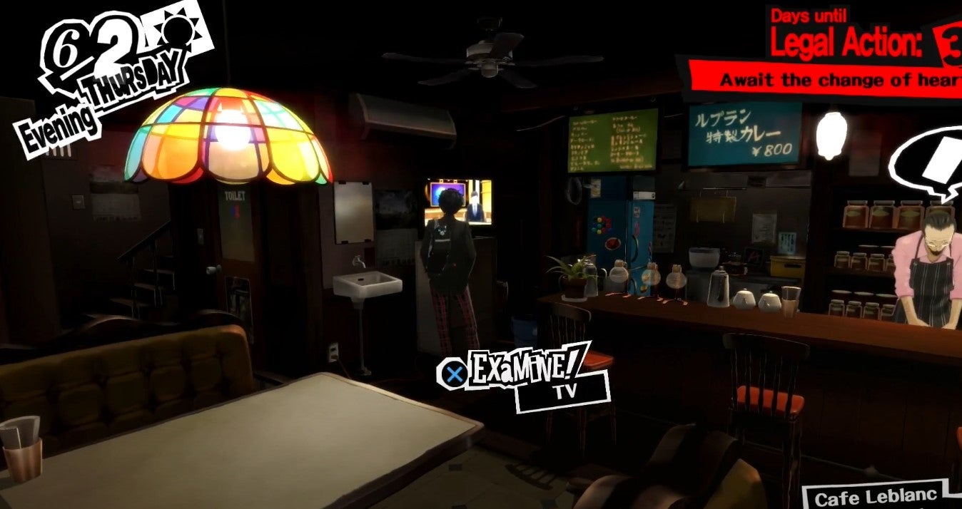 Playing along with the quiz show in front of the TV at Cafe Leblanc in Persona 5 Royal