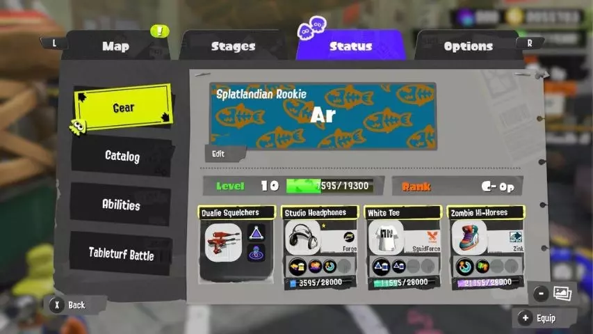 The gear editing screen in Splatoon 3's main menu