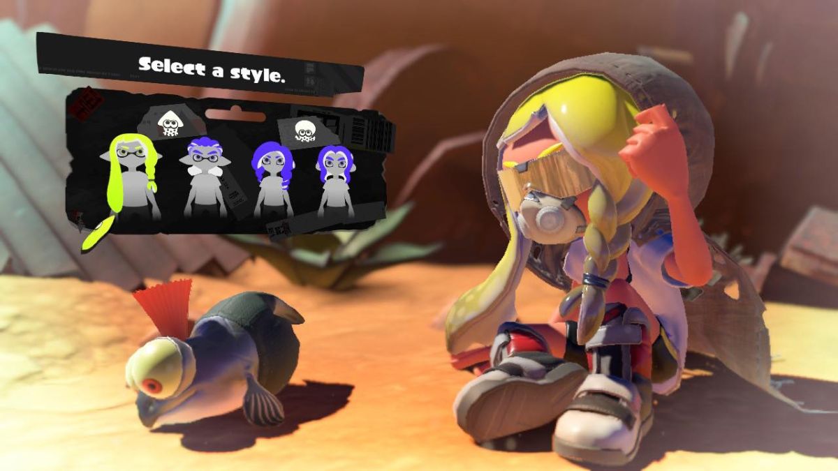 The initial hairstyle selection screen in Splatoon 3 showing a seated character with hairstyle options.
