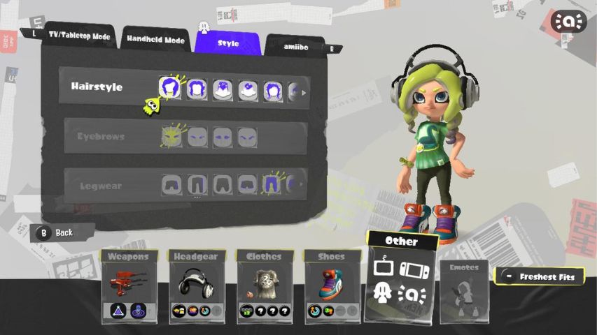The Equip menu screen in Splatoon 3 showing options to customize hairstyles