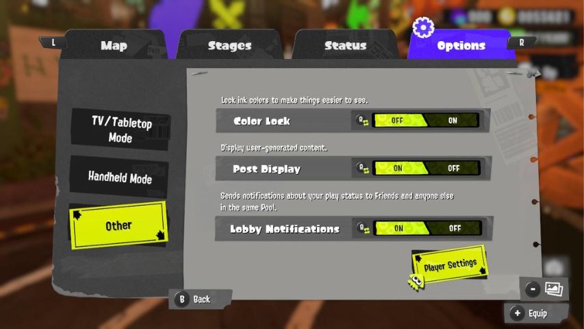 The option to select player settings in Splatoon 3's main menu