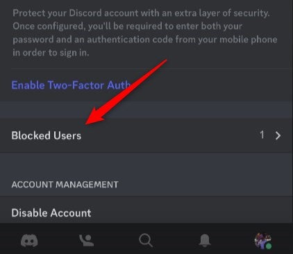 The Blocked Users option on Discord for mobile.